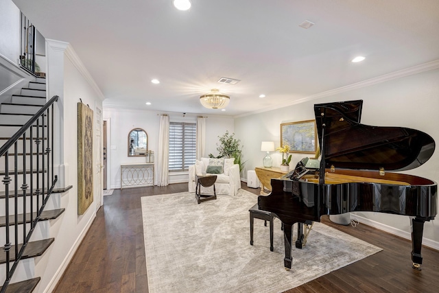 3739 University Blvd, Southside Place, TX 77005 - living area featuring stairway, dark wood-style floors, recessed lighting, and ornamental molding