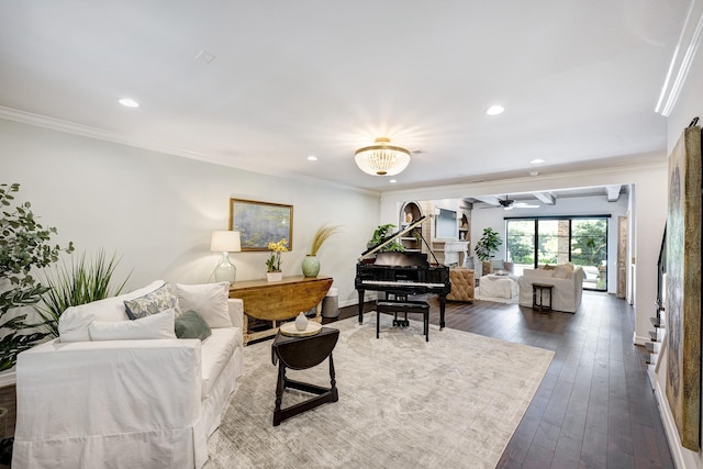 3739 University Blvd, Southside Place, TX 77005 - living room with ornamental molding, ceiling fan, dark wood-style flooring, and recessed lighting