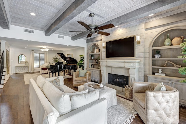 3739 University Blvd, Southside Place, TX 77005 - living area featuring a wooden ceiling with exposed beams, wood-type flooring, built in shelves, a fireplace, and ceiling fan
