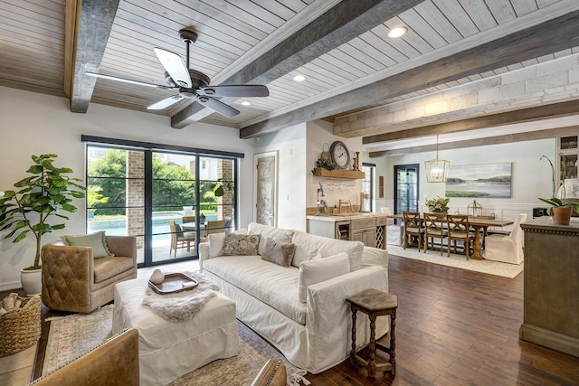 3739 University Blvd, Southside Place, TX 77005 - living room featuring a wood ceiling with exposed beams, dark wood finished floors, ceiling fan, and recessed lighting