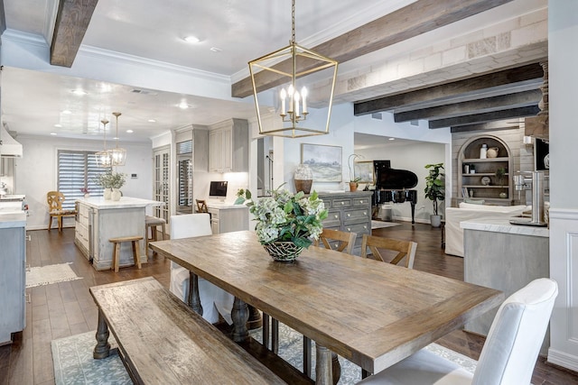 3739 University Blvd, Southside Place, TX 77005 - dining space with a chandelier, dark wood-style floors, ornamental molding, and beam ceiling