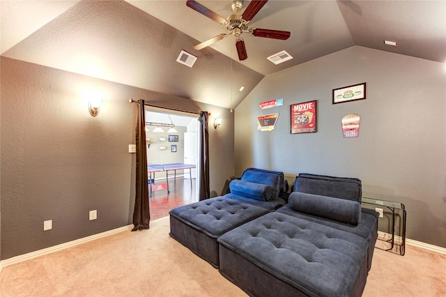 19723 Alton Springs Dr, Cypress, TX 77433 - cinema featuring lofted ceiling, light carpet, and ceiling fan