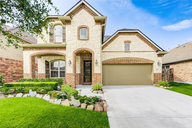 19723 Alton Springs Dr, Cypress, TX 77433 - french country style house with stone siding, driveway, a garage, brick siding, and a front yard