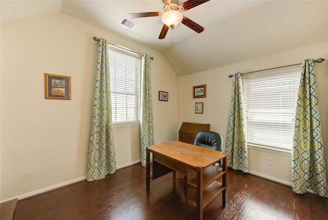 19723 Alton Springs Dr, Cypress, TX 77433 - office featuring vaulted ceiling, ceiling fan, and hardwood / wood-style flooring