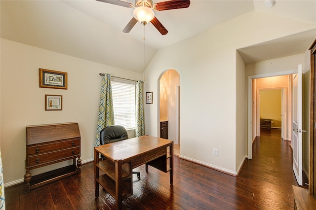 19723 Alton Springs Dr, Cypress, TX 77433 - office space with vaulted ceiling, arched walkways, a ceiling fan, and dark wood finished floors