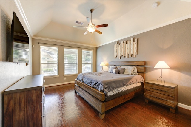 19723 Alton Springs Dr, Cypress, TX 77433 - bedroom featuring dark wood-style floors, ornamental molding, vaulted ceiling, and ceiling fan