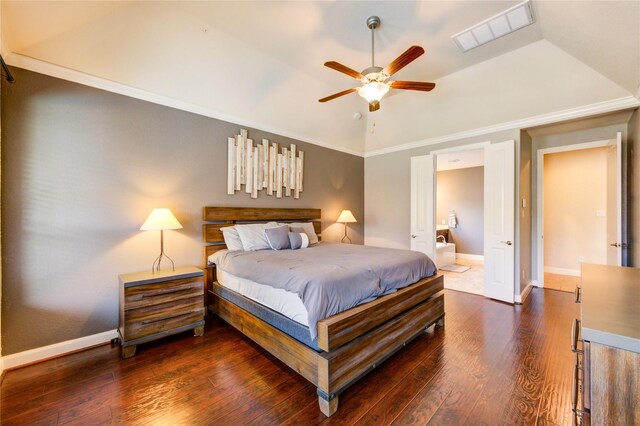 19723 Alton Springs Dr, Cypress, TX 77433 - bedroom with lofted ceiling, wood finished floors, connected bathroom, and a ceiling fan