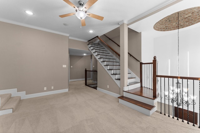 127 Benjis Pl, The Woodlands, TX 77380 - staircase with carpet flooring, a ceiling fan, crown molding, recessed lighting, and a chandelier