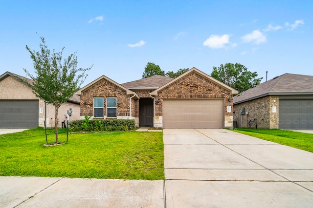 20213 Portbec Dr, New Caney, TX 77357 - ranch-style home with brick siding, a front yard, a garage, concrete driveway, and roof with shingles