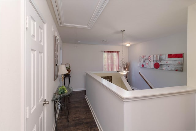 1526 Daffodil Rd, Missouri City, TX 77489 - corridor with attic access, an upstairs landing, and dark wood-style floors