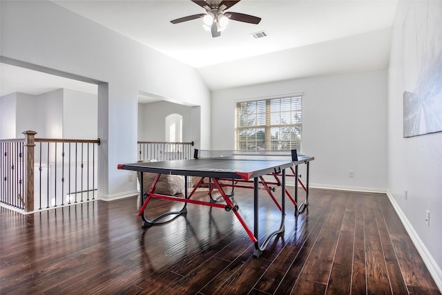 29110 Davenport Dr, Katy, TX 77494 - recreation room featuring a ceiling fan, wood finished floors, and lofted ceiling