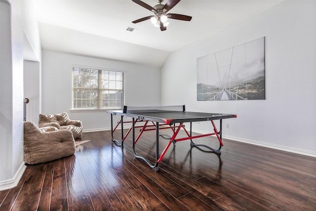 29110 Davenport Dr, Katy, TX 77494 - rec room with wood finished floors, vaulted ceiling, and a ceiling fan