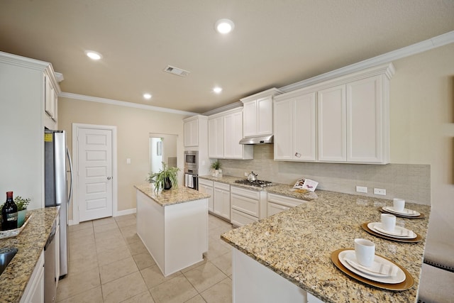 5706 Jenolan Ridge Ln, Sugar Land, TX 77479 - kitchen featuring under cabinet range hood, stainless steel appliances, tasteful backsplash, light stone counters, and ornamental molding
