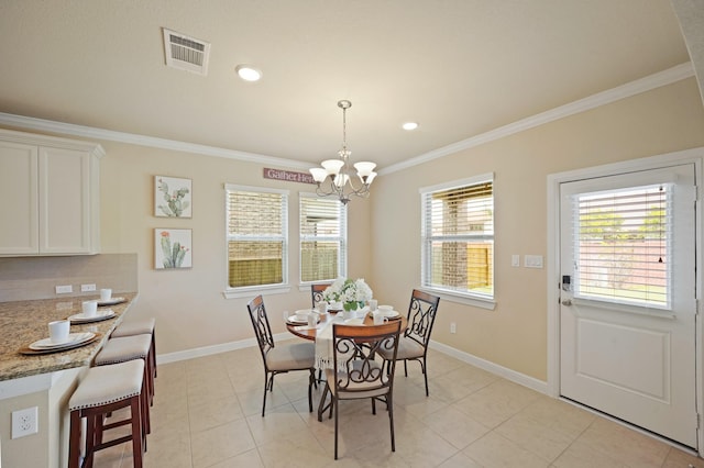 5706 Jenolan Ridge Ln, Sugar Land, TX 77479 - dining area featuring a chandelier, crown molding, light tile patterned floors, and recessed lighting