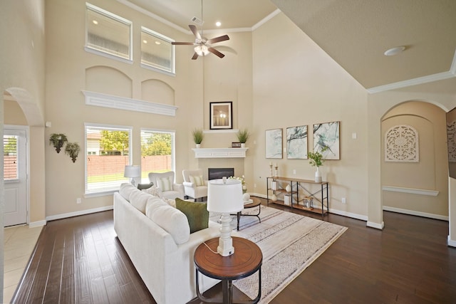 5706 Jenolan Ridge Ln, Sugar Land, TX 77479 - living room with arched walkways, a fireplace, a ceiling fan, wood finished floors, and crown molding