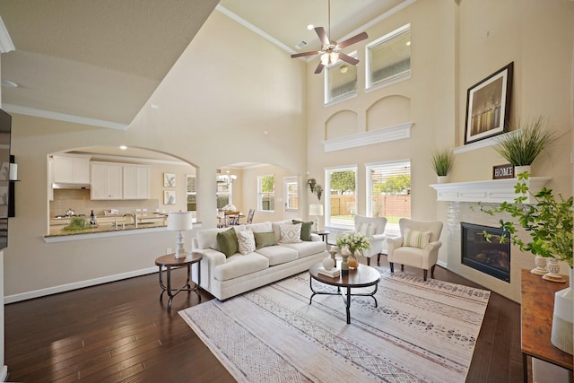 5706 Jenolan Ridge Ln, Sugar Land, TX 77479 - living area with arched walkways, a ceiling fan, dark wood-type flooring, a glass covered fireplace, and a towering ceiling