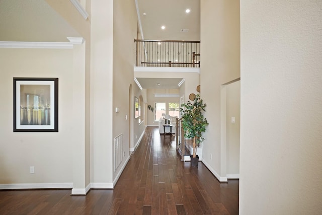5706 Jenolan Ridge Ln, Sugar Land, TX 77479 - entryway with hardwood / wood-style flooring, a towering ceiling, recessed lighting, and crown molding