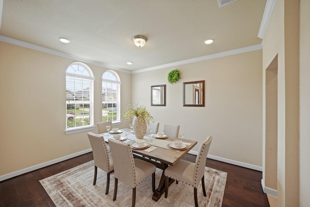5706 Jenolan Ridge Ln, Sugar Land, TX 77479 - dining room with crown molding, dark wood-style floors, and recessed lighting