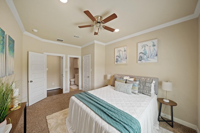 5706 Jenolan Ridge Ln, Sugar Land, TX 77479 - bedroom with carpet, crown molding, ceiling fan, ensuite bath, and recessed lighting