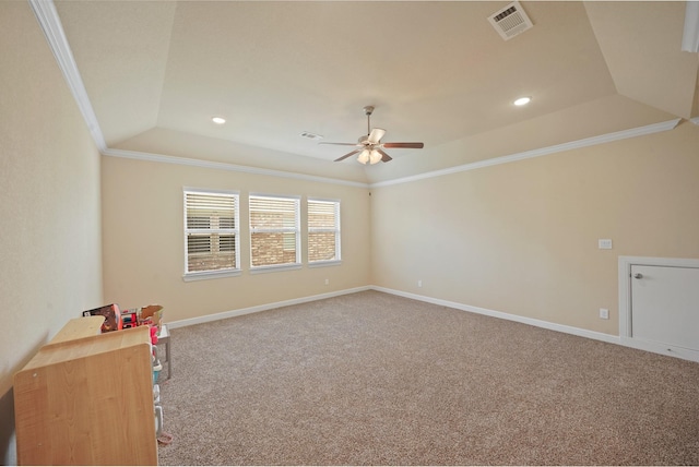 5706 Jenolan Ridge Ln, Sugar Land, TX 77479 - carpeted spare room with crown molding, ceiling fan, a tray ceiling, and recessed lighting