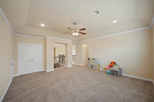 5706 Jenolan Ridge Ln, Sugar Land, TX 77479 - recreation room with a ceiling fan, crown molding, carpet floors, a raised ceiling, and recessed lighting