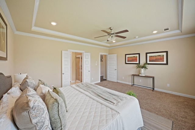 5706 Jenolan Ridge Ln, Sugar Land, TX 77479 - carpeted bedroom with a raised ceiling, ornamental molding, recessed lighting, and a ceiling fan