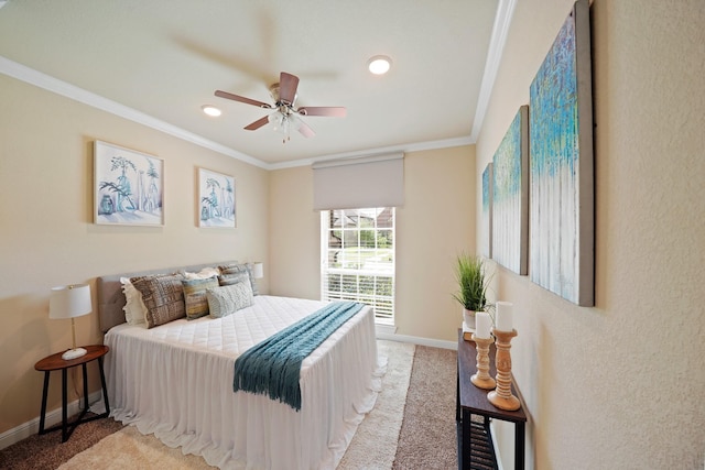 5706 Jenolan Ridge Ln, Sugar Land, TX 77479 - bedroom featuring carpet flooring, ornamental molding, recessed lighting, and a ceiling fan