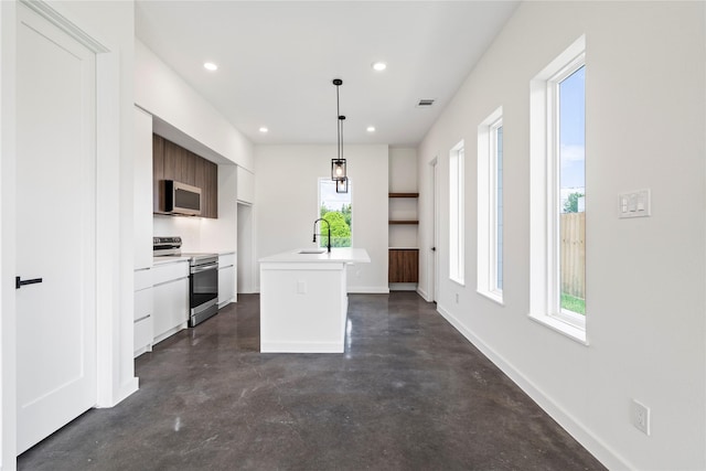 8022 Colonial Ln, Houston, TX 77051 - kitchen featuring stainless steel range with electric stovetop, concrete floors, white cabinetry, modern cabinets, and recessed lighting