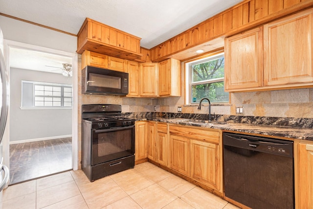 306 Hickory Ridge Dr, Shenandoah, TX 77381 - kitchen featuring black appliances, decorative backsplash, light tile patterned flooring, and a ceiling fan