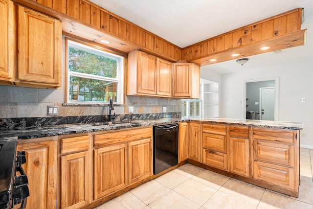 306 Hickory Ridge Dr, Shenandoah, TX 77381 - kitchen featuring black dishwasher, tasteful backsplash, light tile patterned floors, a peninsula, and dark stone counters