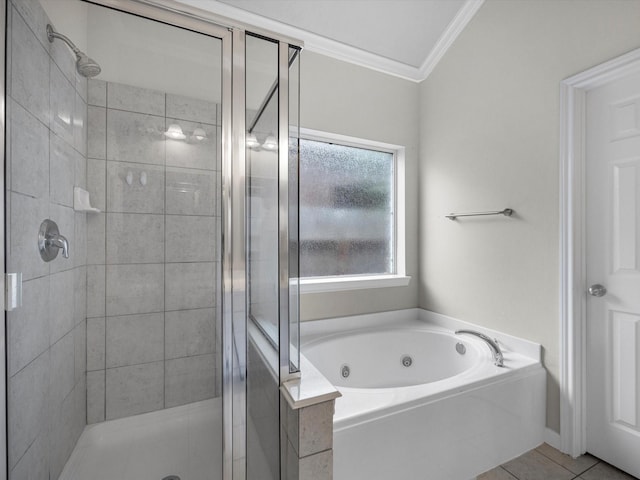 4315 Countrycrossing Dr, Spring, TX 77388 - bathroom with crown molding, a shower stall, a jetted tub, and tile patterned flooring