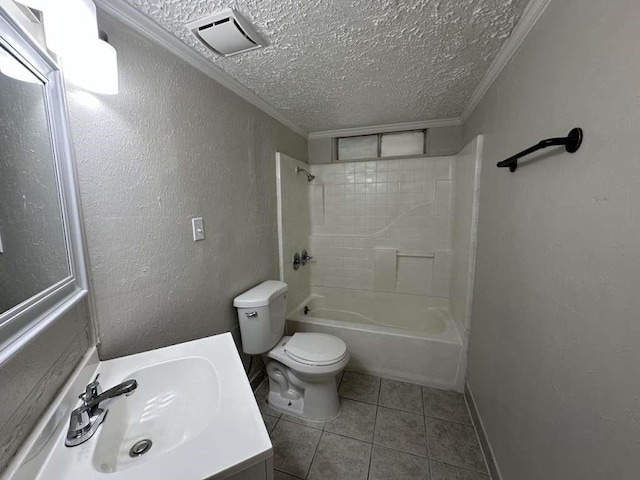 6523 Hanley Ln, Houston, TX 77016 - full bath featuring ornamental molding, vanity, tile patterned flooring, a textured ceiling, and a textured wall