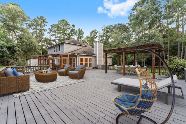 1518 Honea Egypt Rd, Magnolia, TX 77354 - wooden deck with outdoor dining area, an outdoor living space, and a pergola