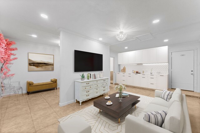 1518 Honea Egypt Rd, Magnolia, TX 77354 - living room with ornamental molding, light tile patterned flooring, recessed lighting, and attic access