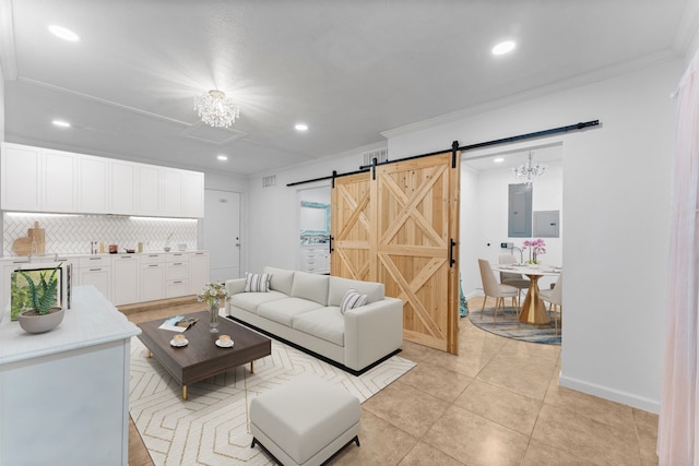 1518 Honea Egypt Rd, Magnolia, TX 77354 - living room with a barn door, crown molding, recessed lighting, electric panel, and light tile patterned flooring