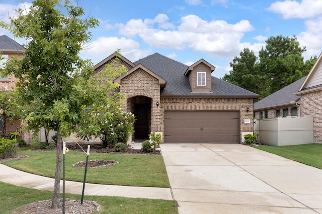 10005 Red Beadtree Pl, Conroe, TX 77385 - french country inspired facade with brick siding, an attached garage, a shingled roof, and concrete driveway