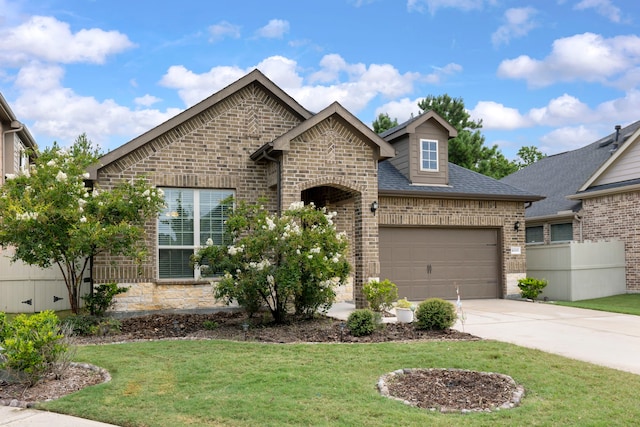 10005 Red Beadtree Pl, Conroe, TX 77385 - french country home with brick siding, an attached garage, concrete driveway, and a shingled roof