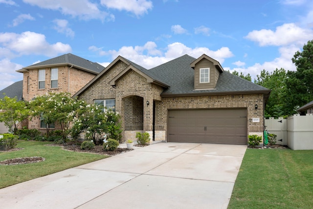 10005 Red Beadtree Pl, Conroe, TX 77385 - french country style house with brick siding, an attached garage, a shingled roof, and concrete driveway
