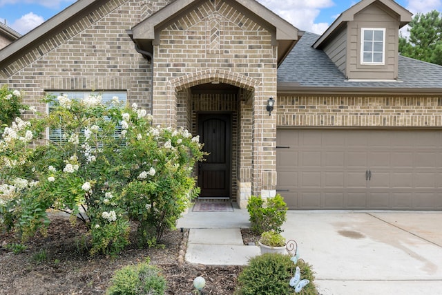10005 Red Beadtree Pl, Conroe, TX 77385 - french country home featuring brick siding, roof with shingles, driveway, and an attached garage