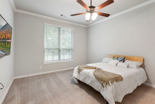 10005 Red Beadtree Pl, Conroe, TX 77385 - bedroom featuring crown molding, carpet, and ceiling fan