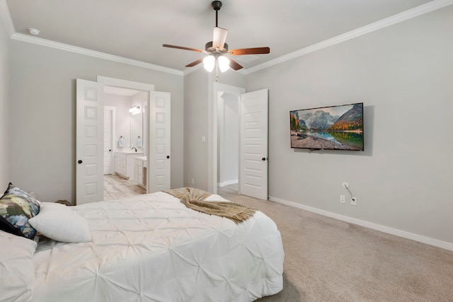 10005 Red Beadtree Pl, Conroe, TX 77385 - bedroom featuring crown molding, ensuite bathroom, a ceiling fan, and light carpet