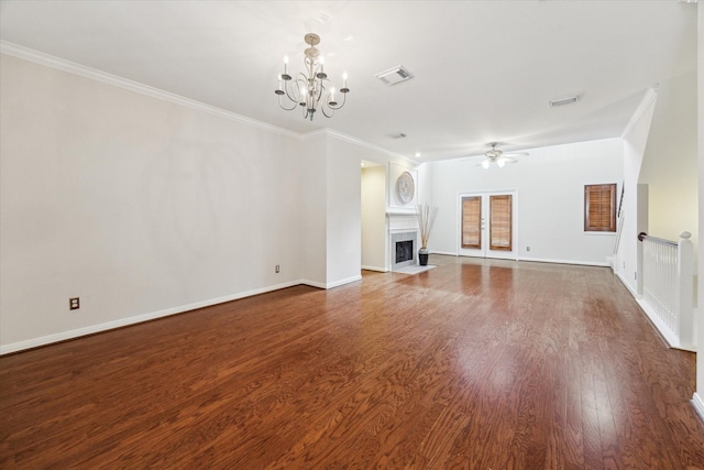 1606 Sutton St, Houston, TX 77006 - unfurnished living room with a chandelier, wood finished floors, crown molding, a ceiling fan, and a fireplace with flush hearth