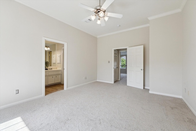 1606 Sutton St, Houston, TX 77006 - unfurnished bedroom with light carpet, crown molding, ensuite bath, and ceiling fan