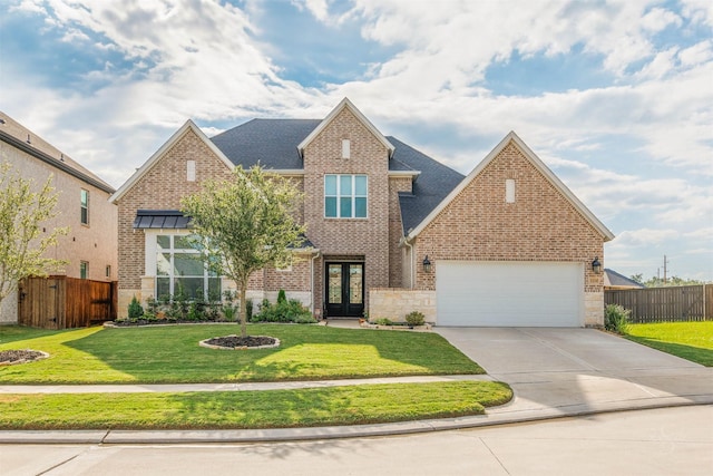 3239 Caney Dr, Katy, TX 77493 - traditional-style house with french doors, brick siding, concrete driveway, a garage, and roof with shingles