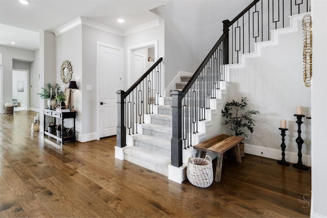 3239 Caney Dr, Katy, TX 77493 - staircase with wood finished floors, recessed lighting, and ornamental molding