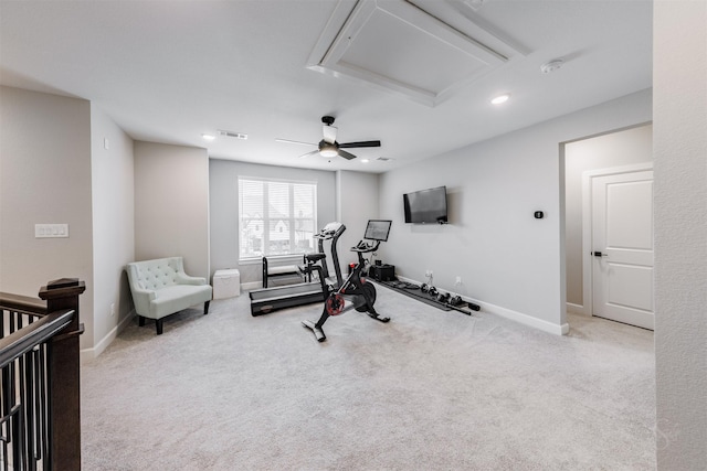 3239 Caney Dr, Katy, TX 77493 - workout room with attic access, carpet flooring, a ceiling fan, and recessed lighting