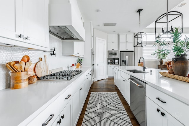 3239 Caney Dr, Katy, TX 77493 - kitchen featuring custom exhaust hood, appliances with stainless steel finishes, light countertops, and white cabinetry