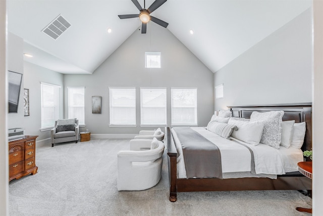 3239 Caney Dr, Katy, TX 77493 - carpeted bedroom featuring high vaulted ceiling, a ceiling fan, and recessed lighting