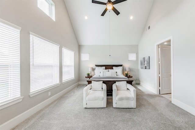 3239 Caney Dr, Katy, TX 77493 - carpeted bedroom with high vaulted ceiling, recessed lighting, and a ceiling fan