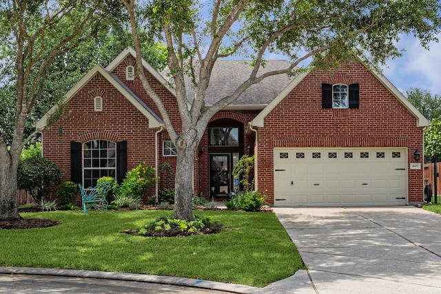 1607 N Primavera Dr, Pearland, TX 77581 - traditional-style house with brick siding, driveway, a front yard, and roof with shingles